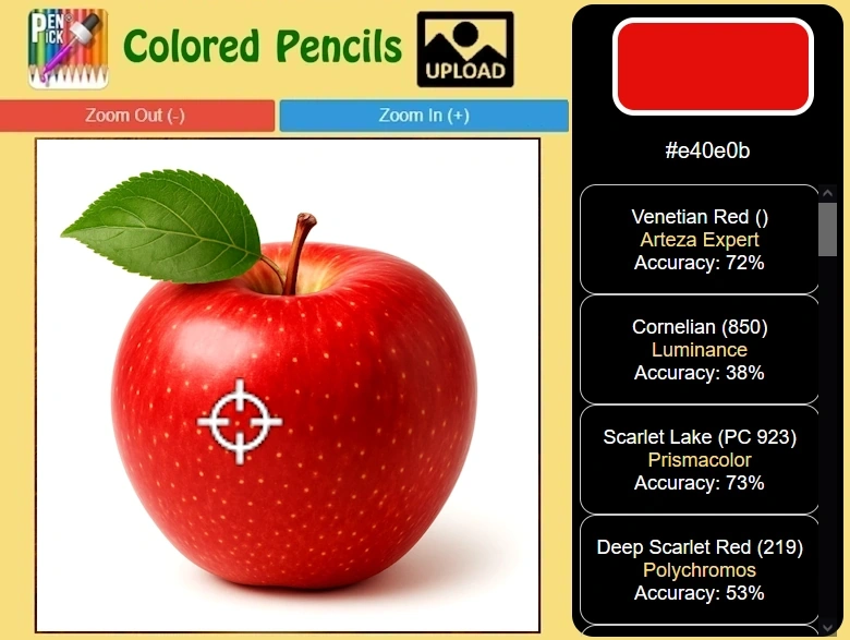 colored pencil picker showing 28 brands of colored pencils suggested to draw apple from reference photo.