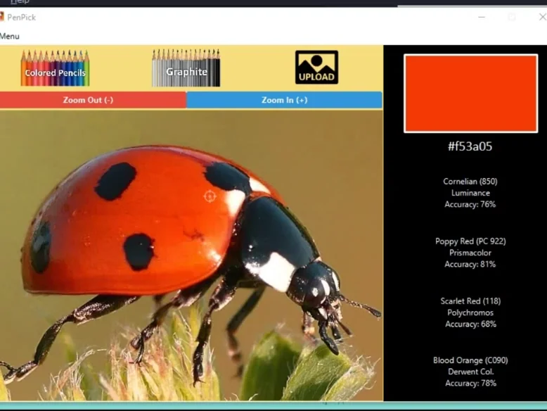 Colored pencil drawing ladybug in PenPick application showing which pencils to use  color picker helps